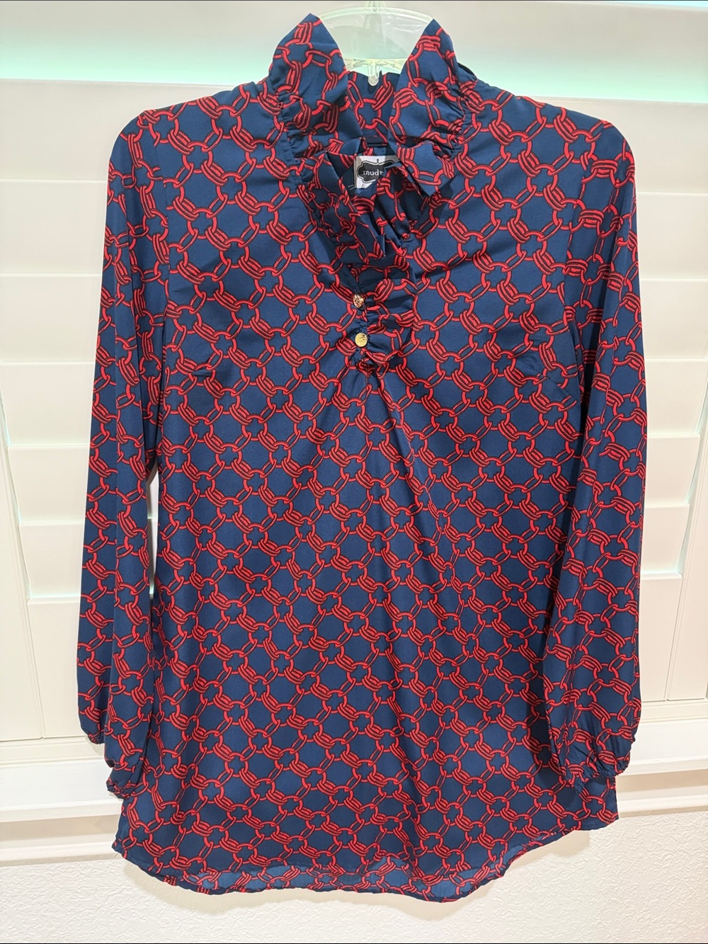 Mud Pie Navy and Red Chain-Link Ruffle Neck Blouse
